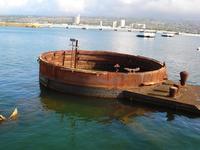 The deck of the Arizona is only a few feet under water.  The memorial is right on top of the deck of the ship.  This is one of the gun turrets.